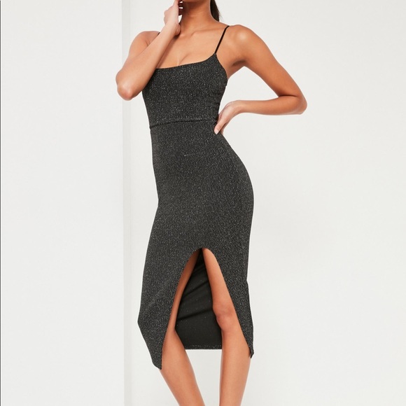 Missguided Black & Silver Midi Dress with Split - Picture 4 of 8
